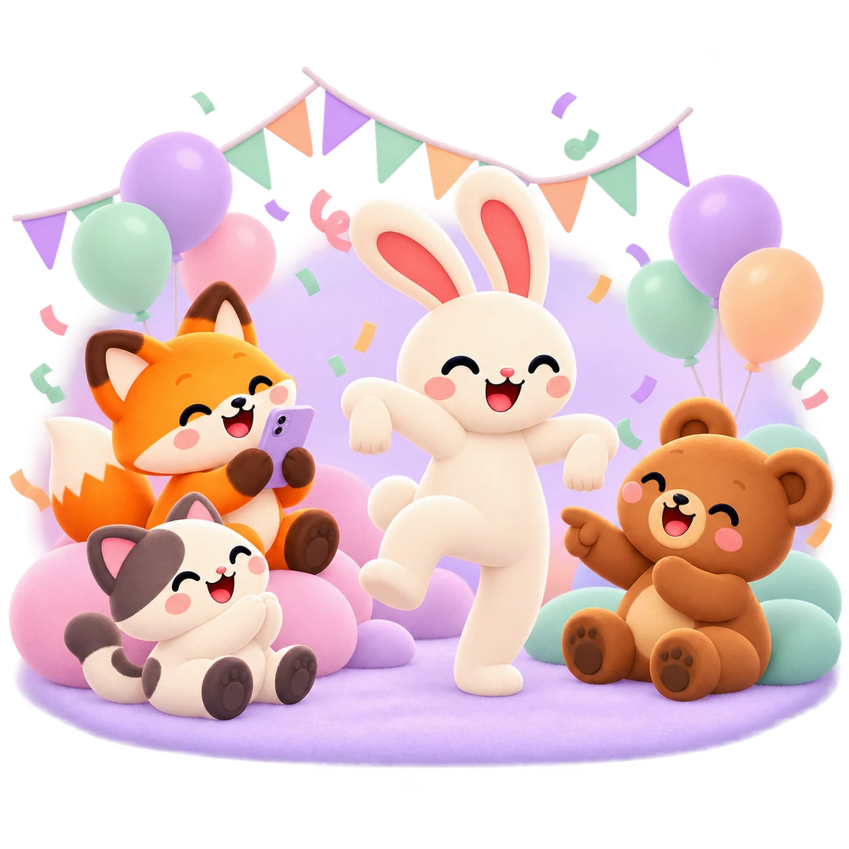 Un lapin fait un mime, entouré d’un renard, d’un ours et d’un chat de l’univers Famifun.