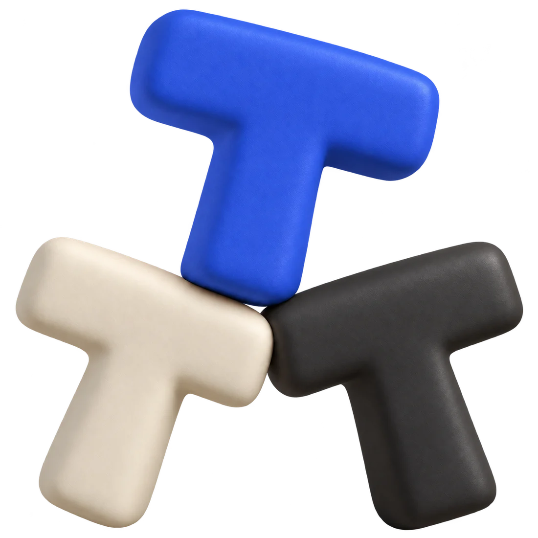 Trois sculptures arrondies en forme de T, comme des pièces de jeu colorées.